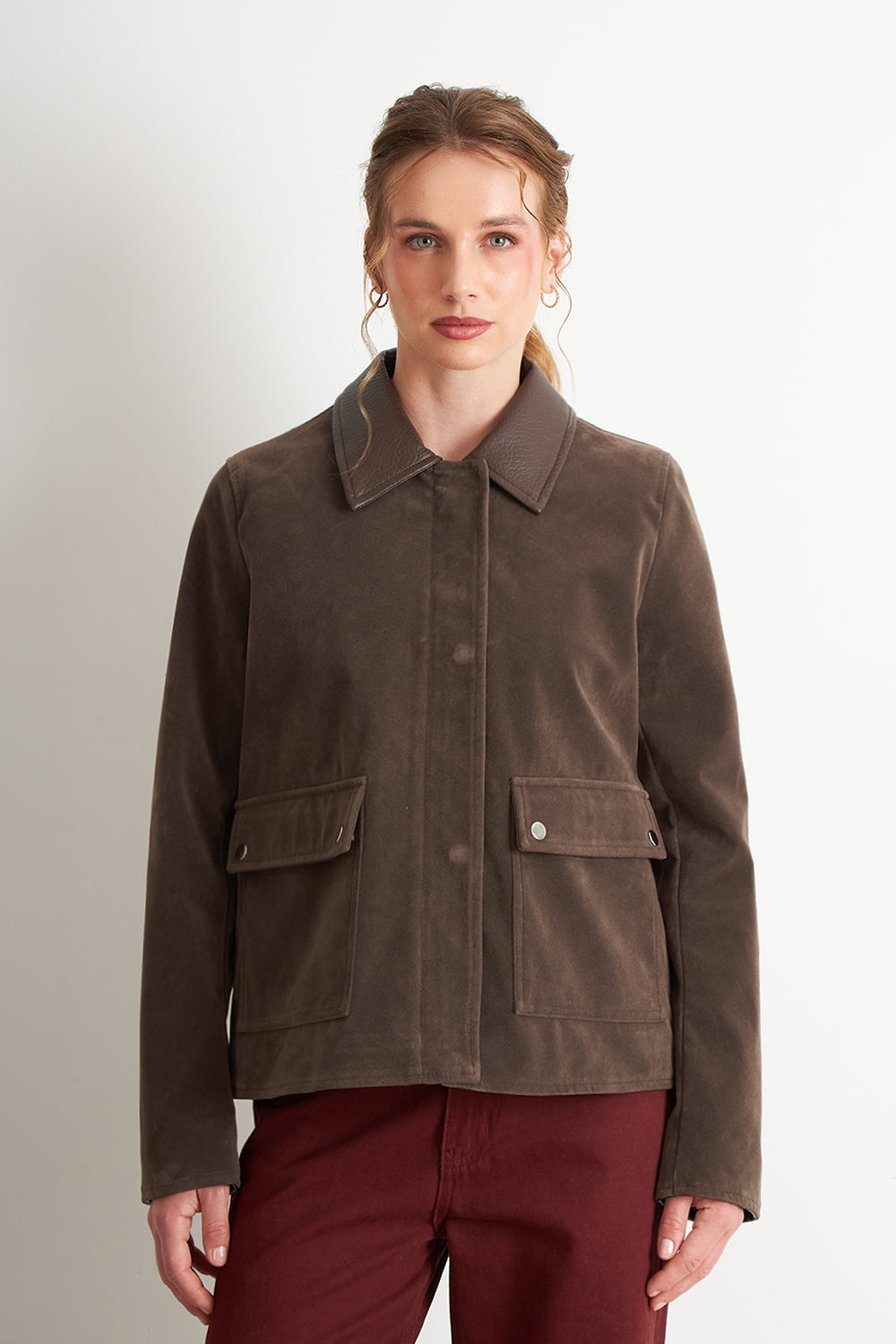 Chaqueta Tipo Gamuza Cuello Ecocuero Café