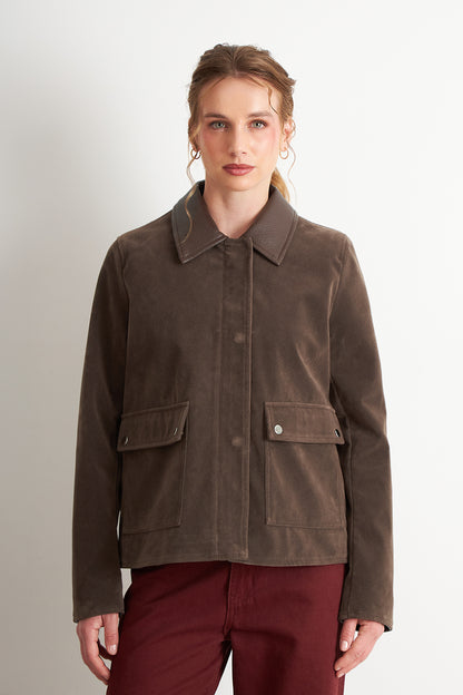 Chaqueta Tipo Gamuza Cuello Ecocuero Café