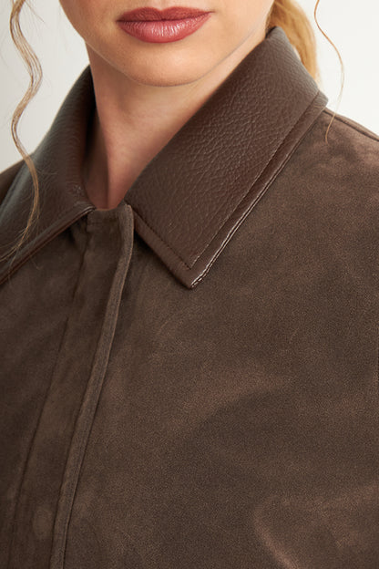 Chaqueta Tipo Gamuza Cuello Ecocuero Café