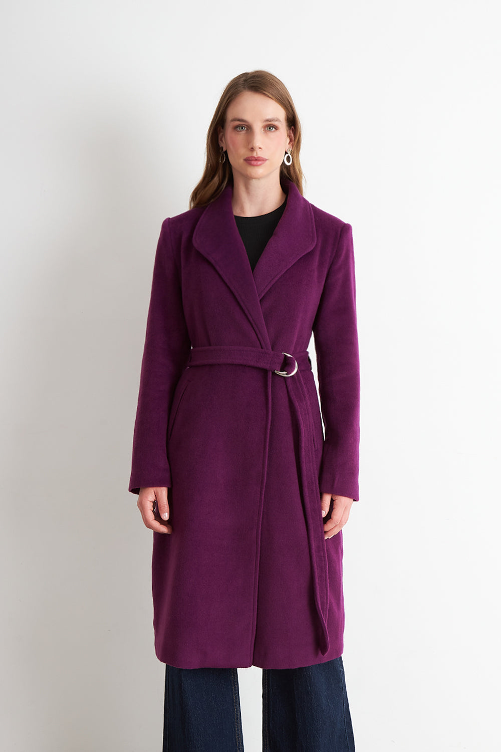 Abrigo con Cinturón Hebilla Metálica Morado