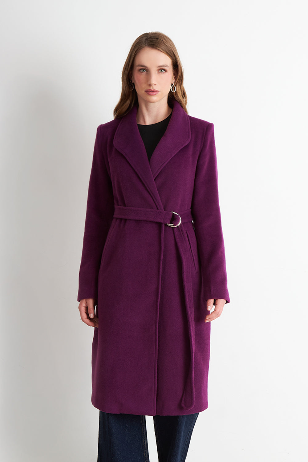 Abrigo con Cinturón Hebilla Metálica Morado
