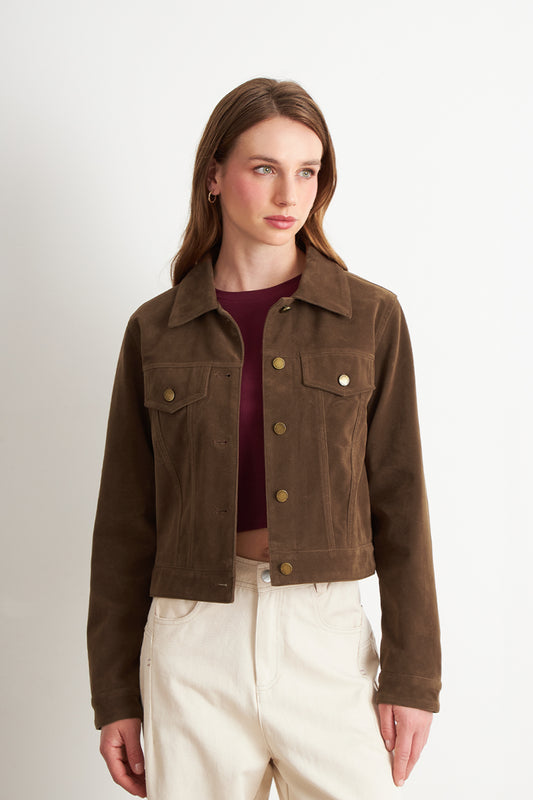 Chaqueta Corta Tipo Gamuza Café