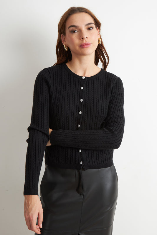 Cárdigan Trenzado Cuello Redondo Negro
