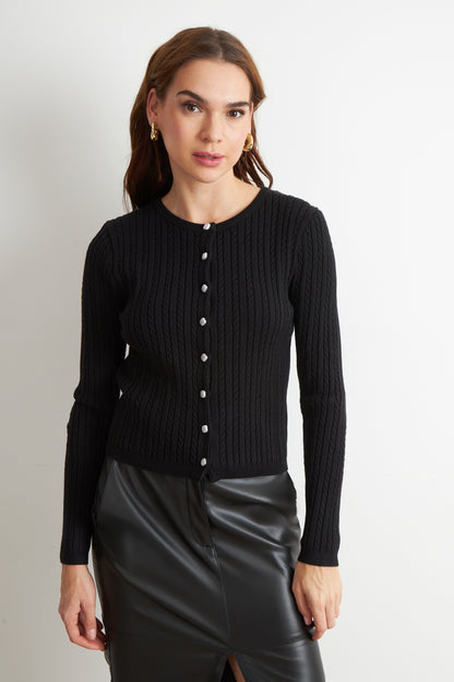 Cárdigan Trenzado Cuello Redondo Negro
