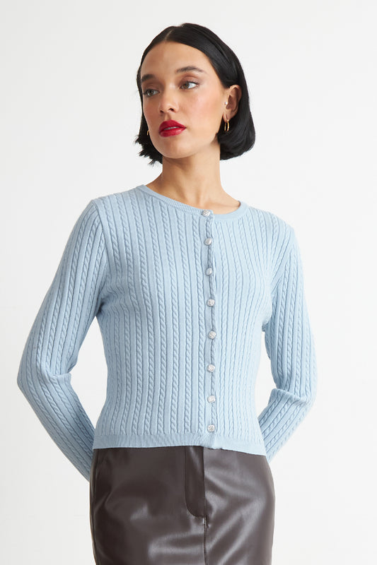 Cárdigan Trenzado Cuello Redondo Celeste