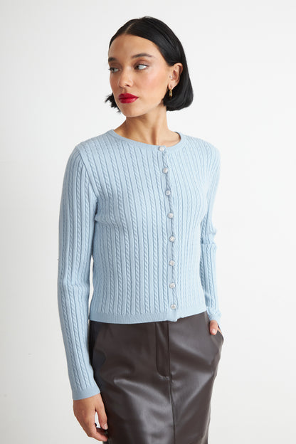 Cárdigan Trenzado Cuello Redondo Celeste