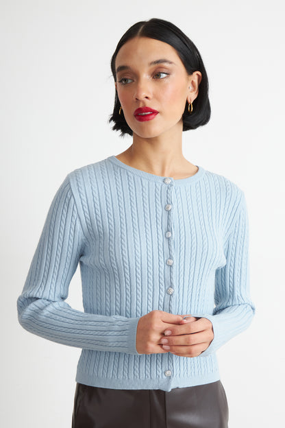 Cárdigan Trenzado Cuello Redondo Celeste