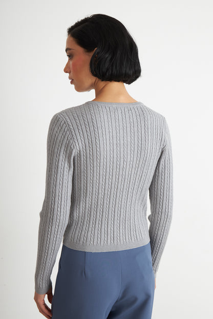 Cárdigan Trenzado Cuello Redondo Gris