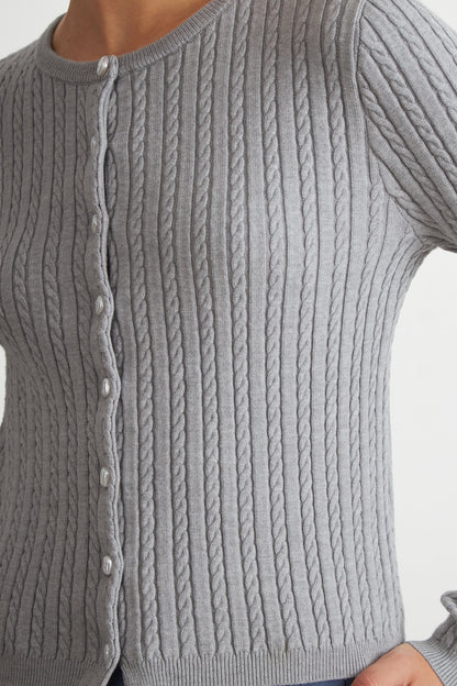 Cárdigan Trenzado Cuello Redondo Gris