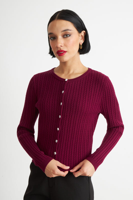 Cárdigan Trenzado Cuello Redondo Burdeo