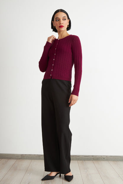 Cárdigan Trenzado Cuello Redondo Burdeo