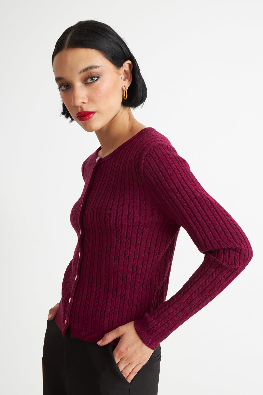 Cárdigan Trenzado Cuello Redondo Burdeo