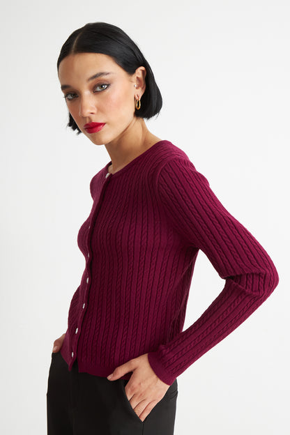 Cárdigan Trenzado Cuello Redondo Burdeo