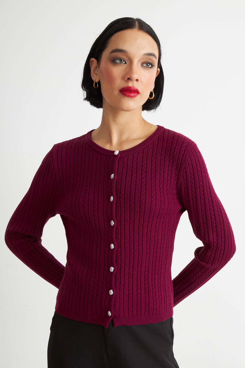 Cárdigan Trenzado Cuello Redondo Burdeo