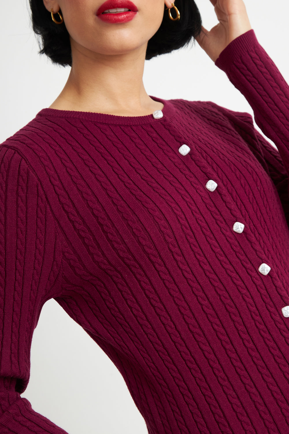 Cárdigan Trenzado Cuello Redondo Burdeo