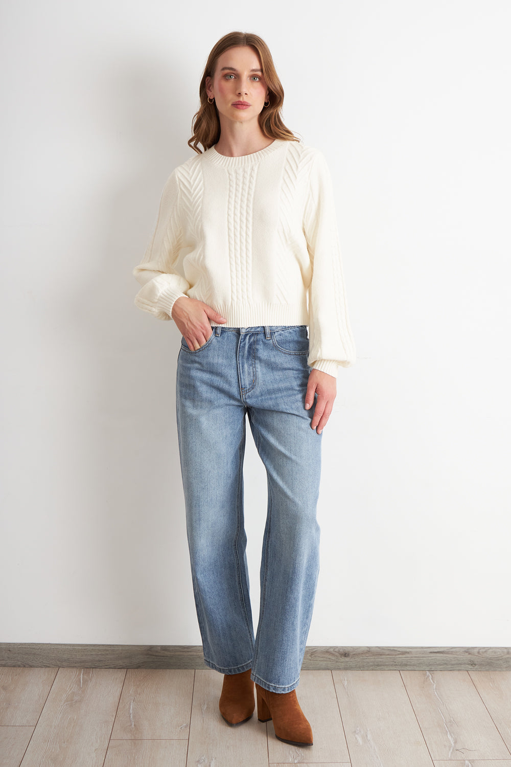 Sweater Trenzado Cuello Redondo Blanco
