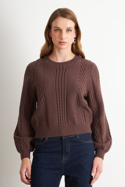 Sweater Trenzado Cuello Redondo Café