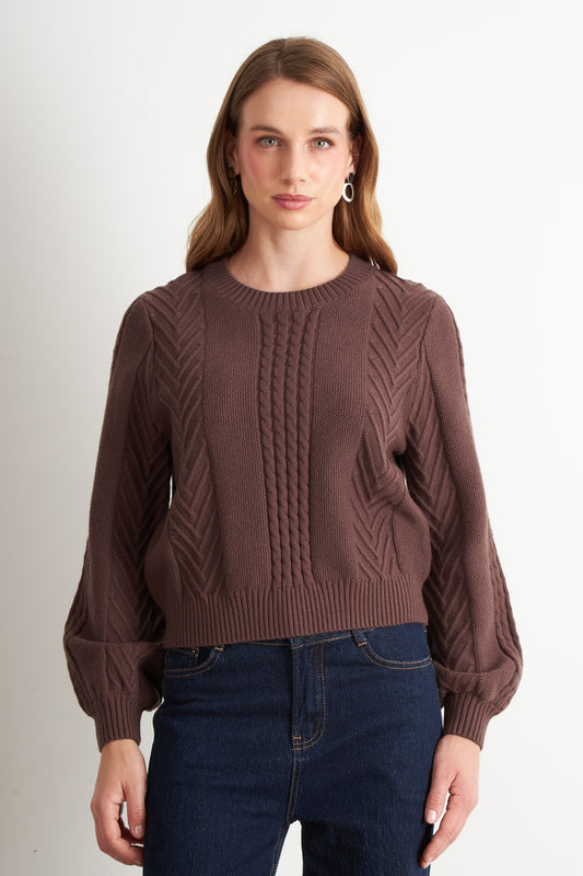 Sweater Trenzado Cuello Redondo Café