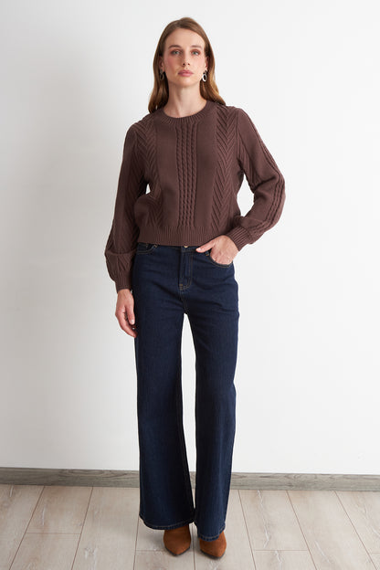 Sweater Trenzado Cuello Redondo Café