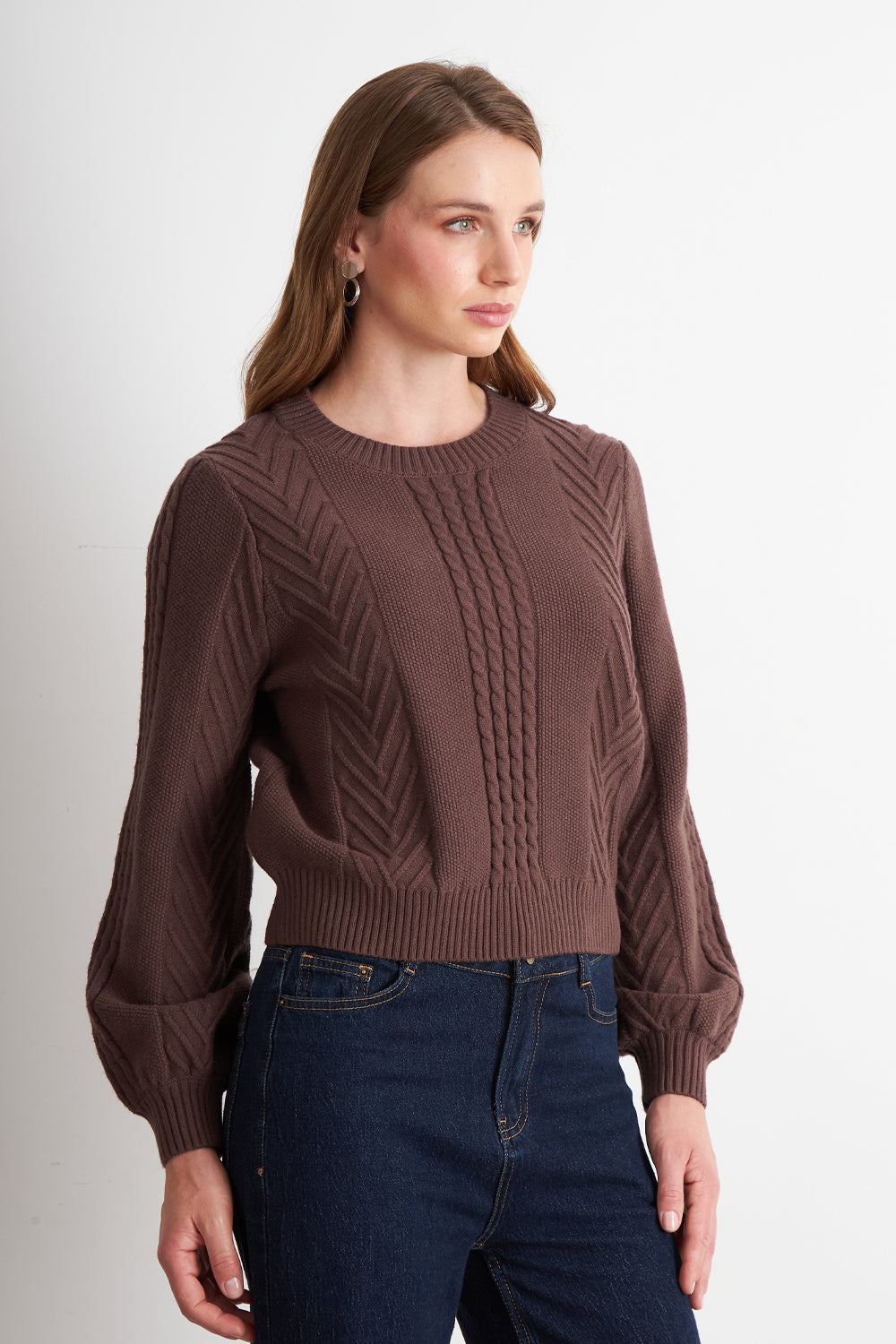 Sweater Trenzado Cuello Redondo Café