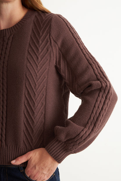 Sweater Trenzado Cuello Redondo Café
