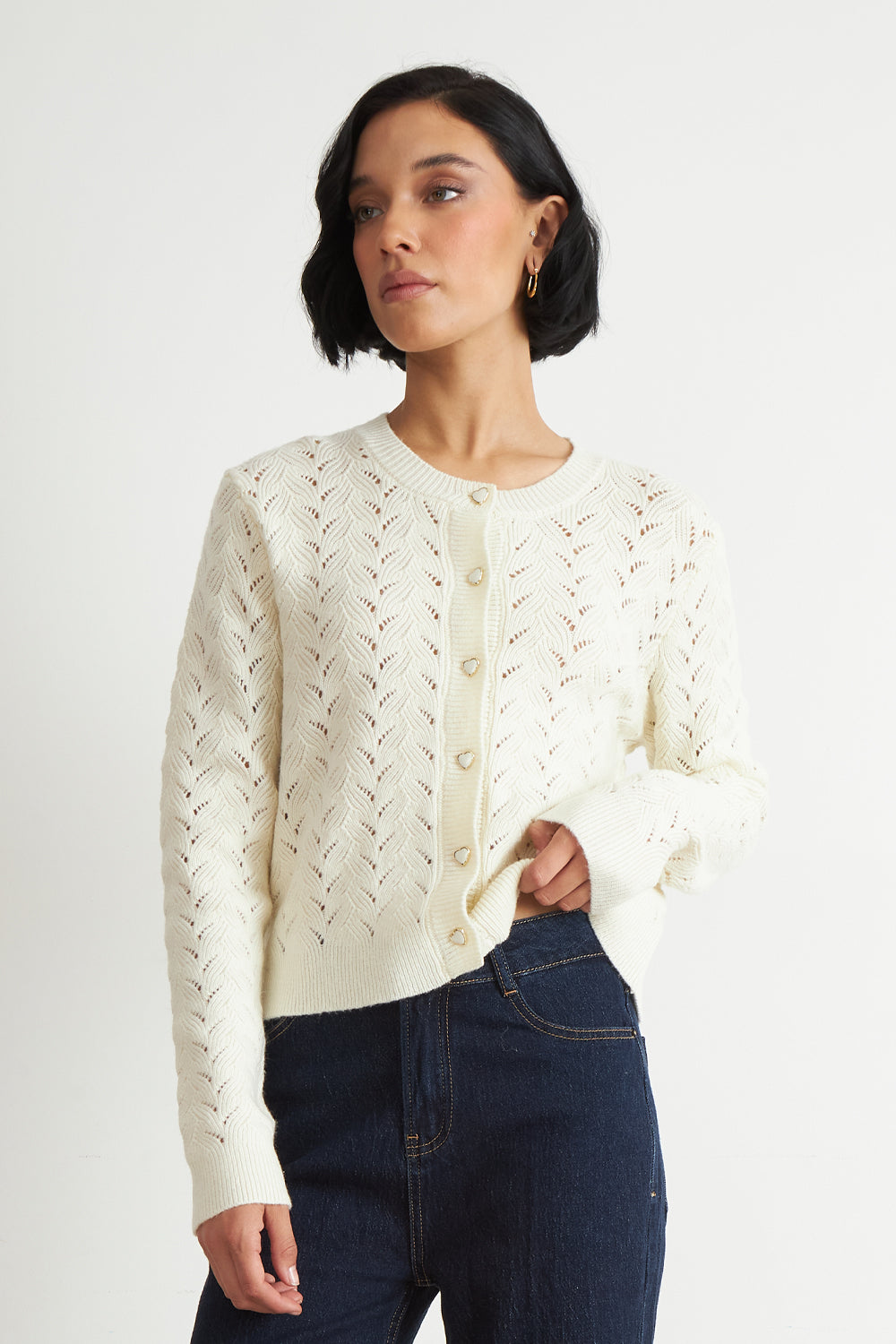 Cárdigan Calado Cuello Redondo Blanco