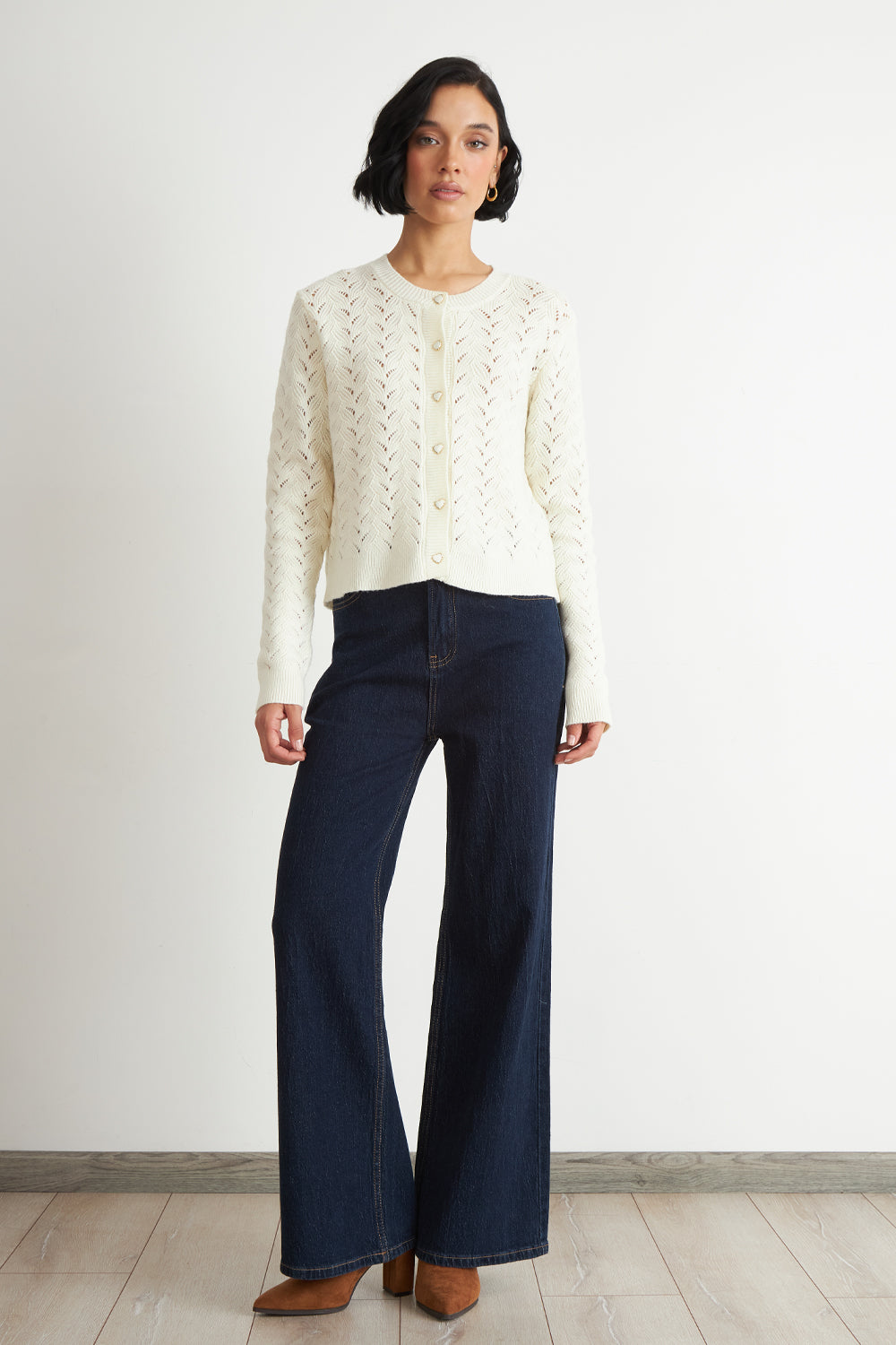 Cárdigan Calado Cuello Redondo Blanco