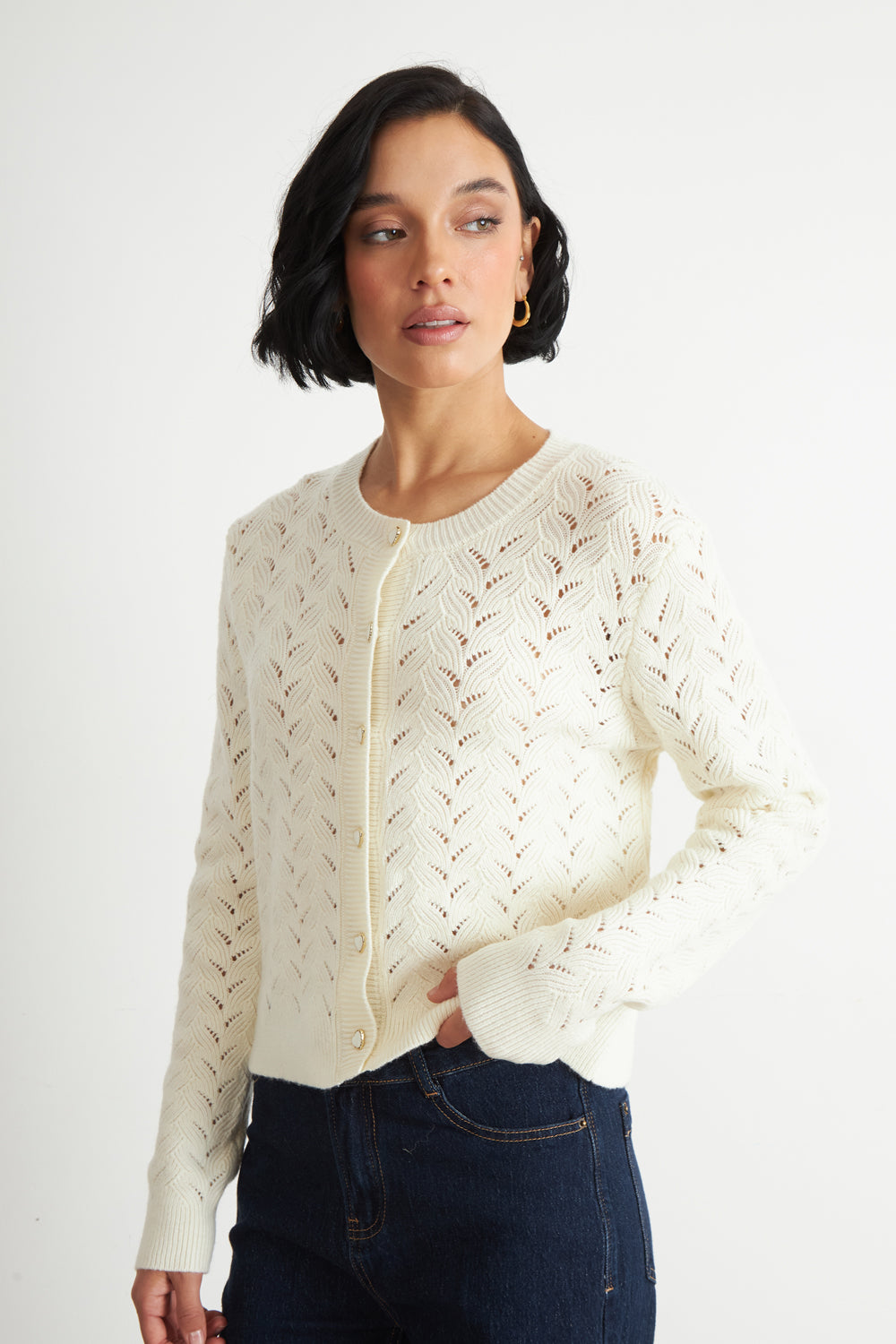 Cárdigan Calado Cuello Redondo Blanco