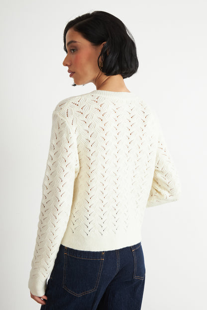 Cárdigan Calado Cuello Redondo Blanco