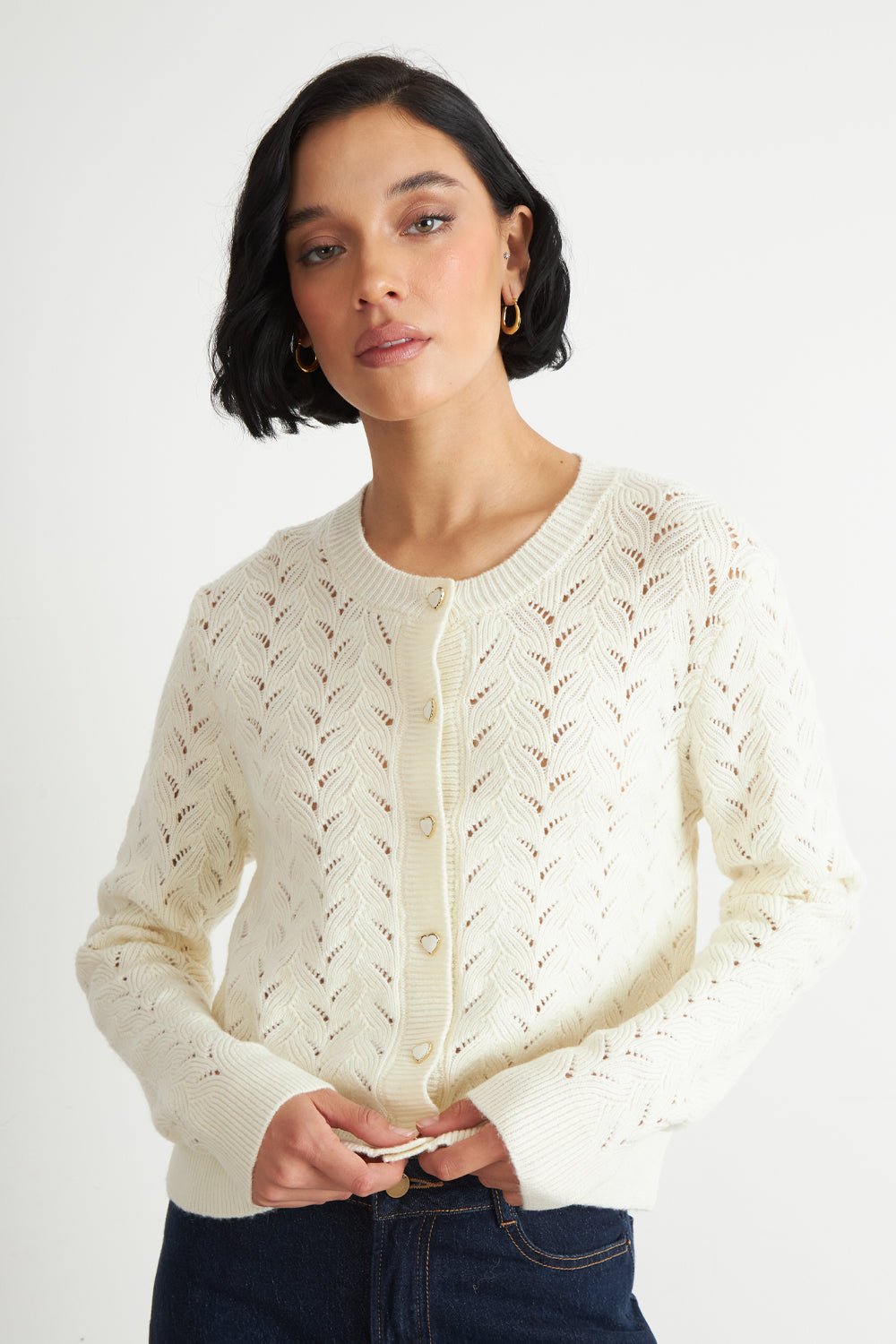 Cárdigan Calado Cuello Redondo Blanco