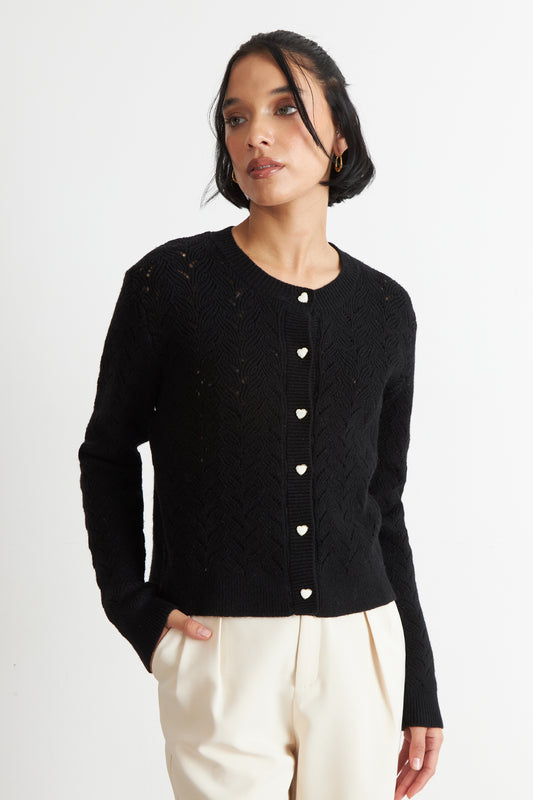 Cárdigan Calado Cuello Redondo Negro