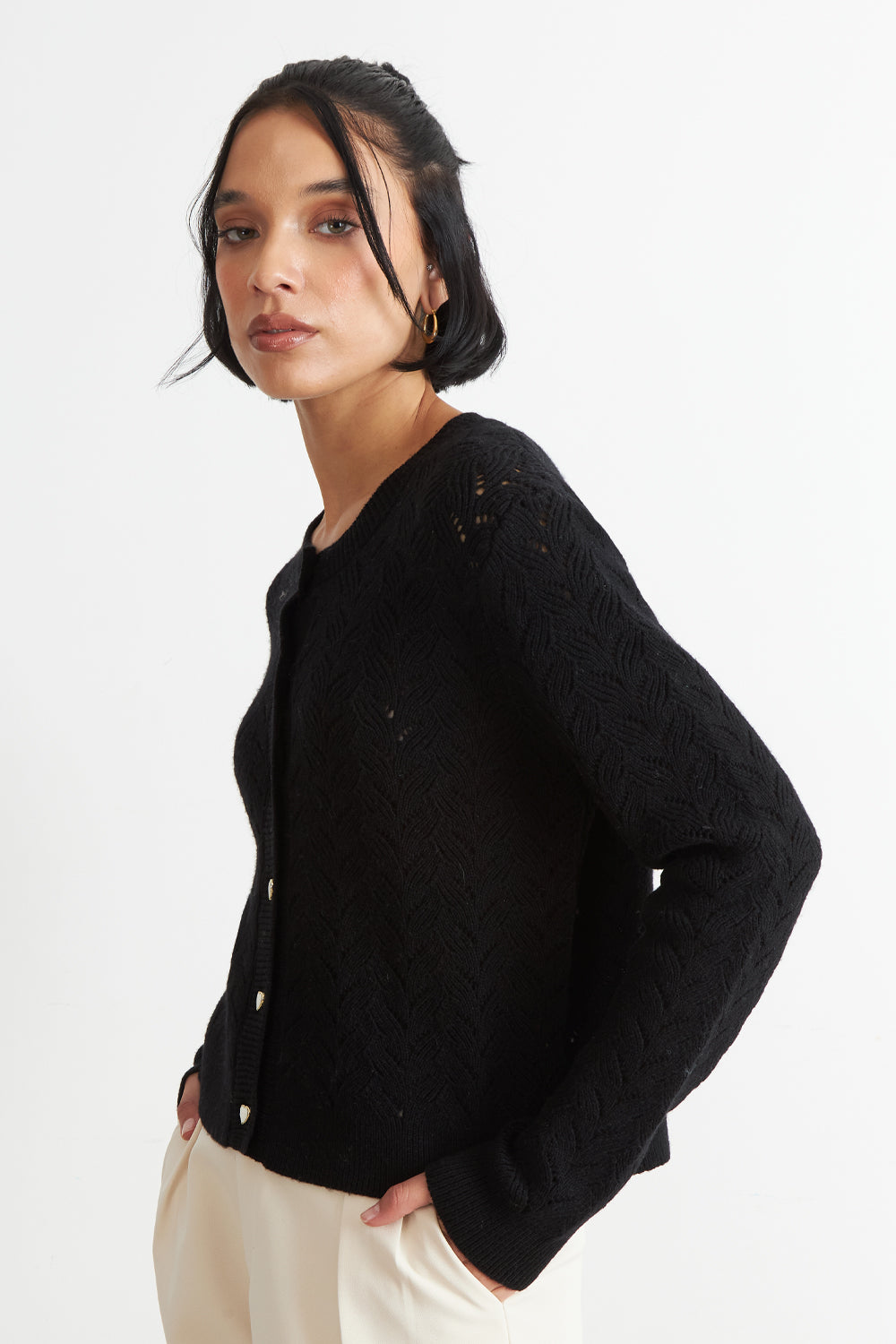 Cárdigan Calado Cuello Redondo Negro