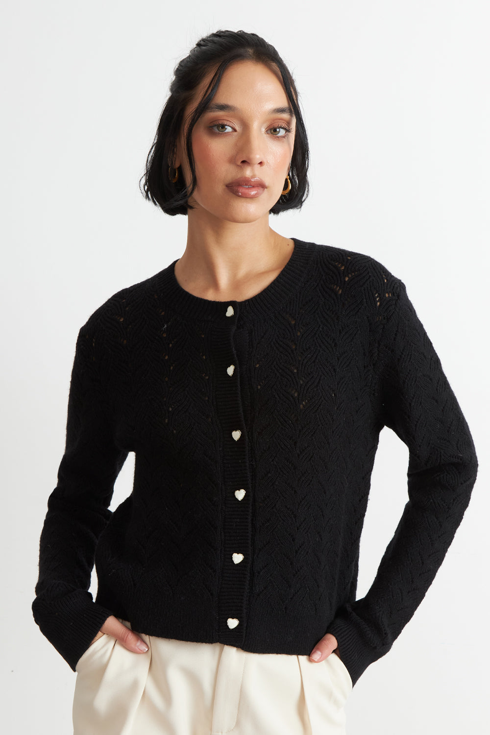 Cárdigan Calado Cuello Redondo Negro