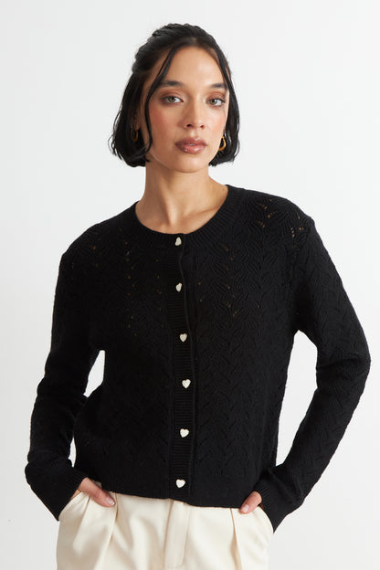 Cárdigan Calado Cuello Redondo Negro