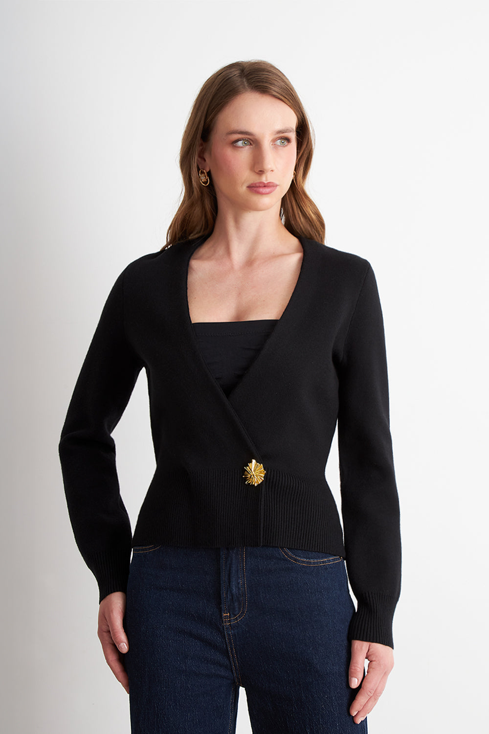 Cárdigan Cruzado con Botón Dorado Negro