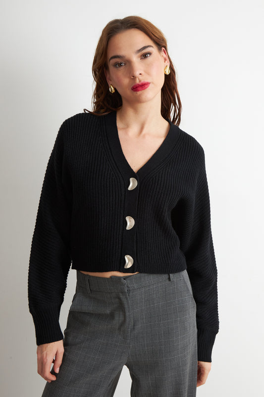 Cárdigan Cuello V con 3 Botones Negro