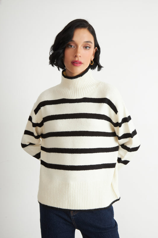 Sweater Cuello Alto Rayas Horizontales Blanco