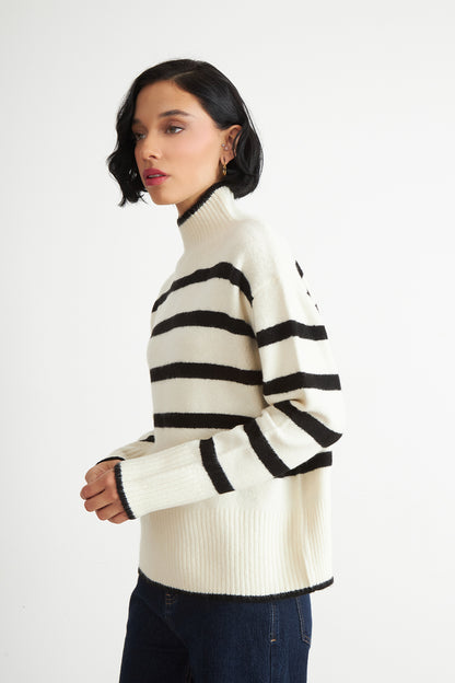 Sweater Cuello Alto Rayas Horizontales Blanco