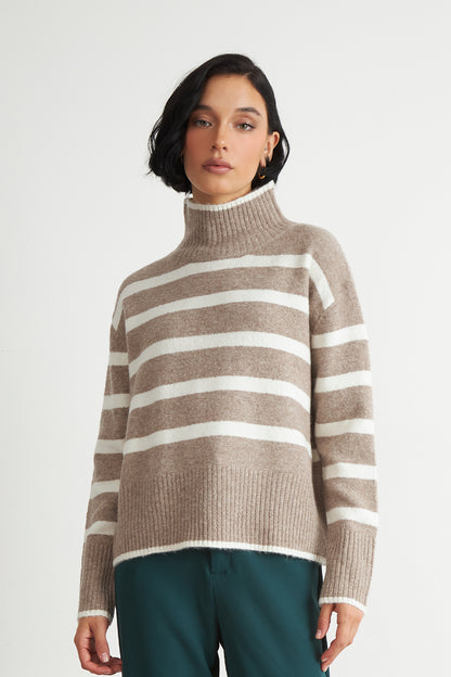 Sweater Cuello Alto Rayas Horizontales Khaki