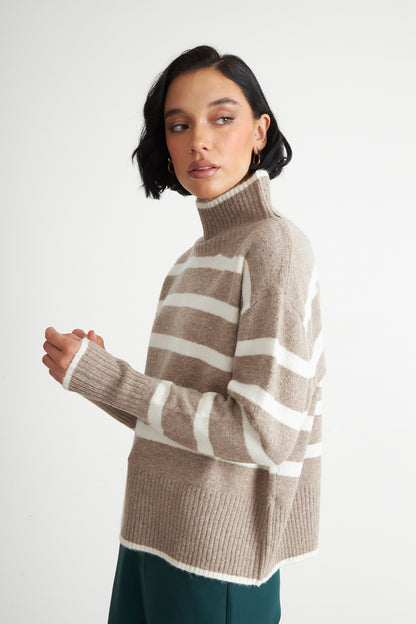 Sweater Cuello Alto Rayas Horizontales Khaki
