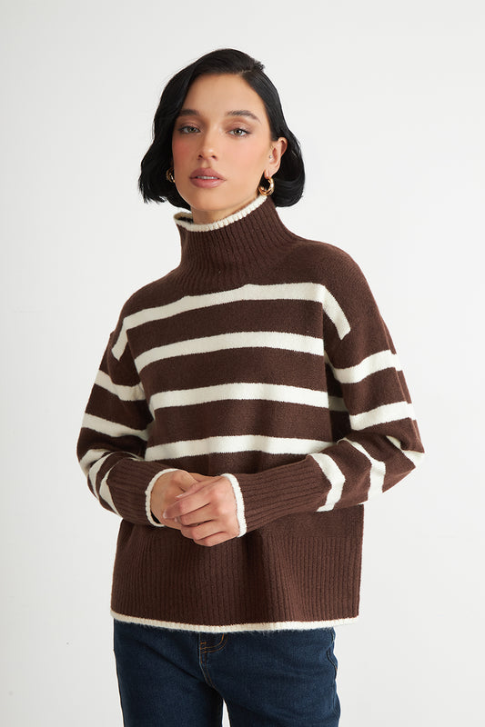 Sweater Cuello Alto Rayas Horizontales Mocca
