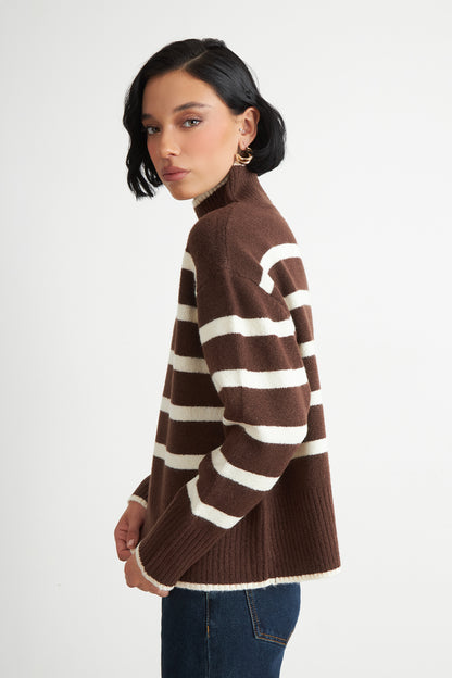 Sweater Cuello Alto Rayas Horizontales Mocca