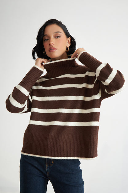 Sweater Cuello Alto Rayas Horizontales Mocca