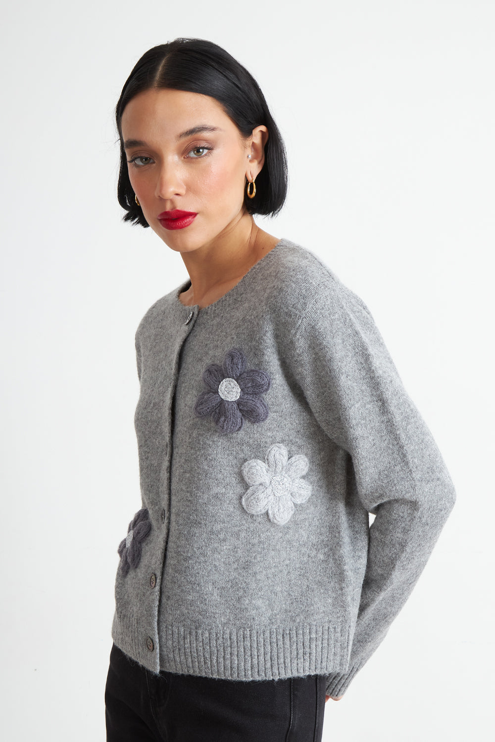 Cárdigan Flores Tejidas Gris