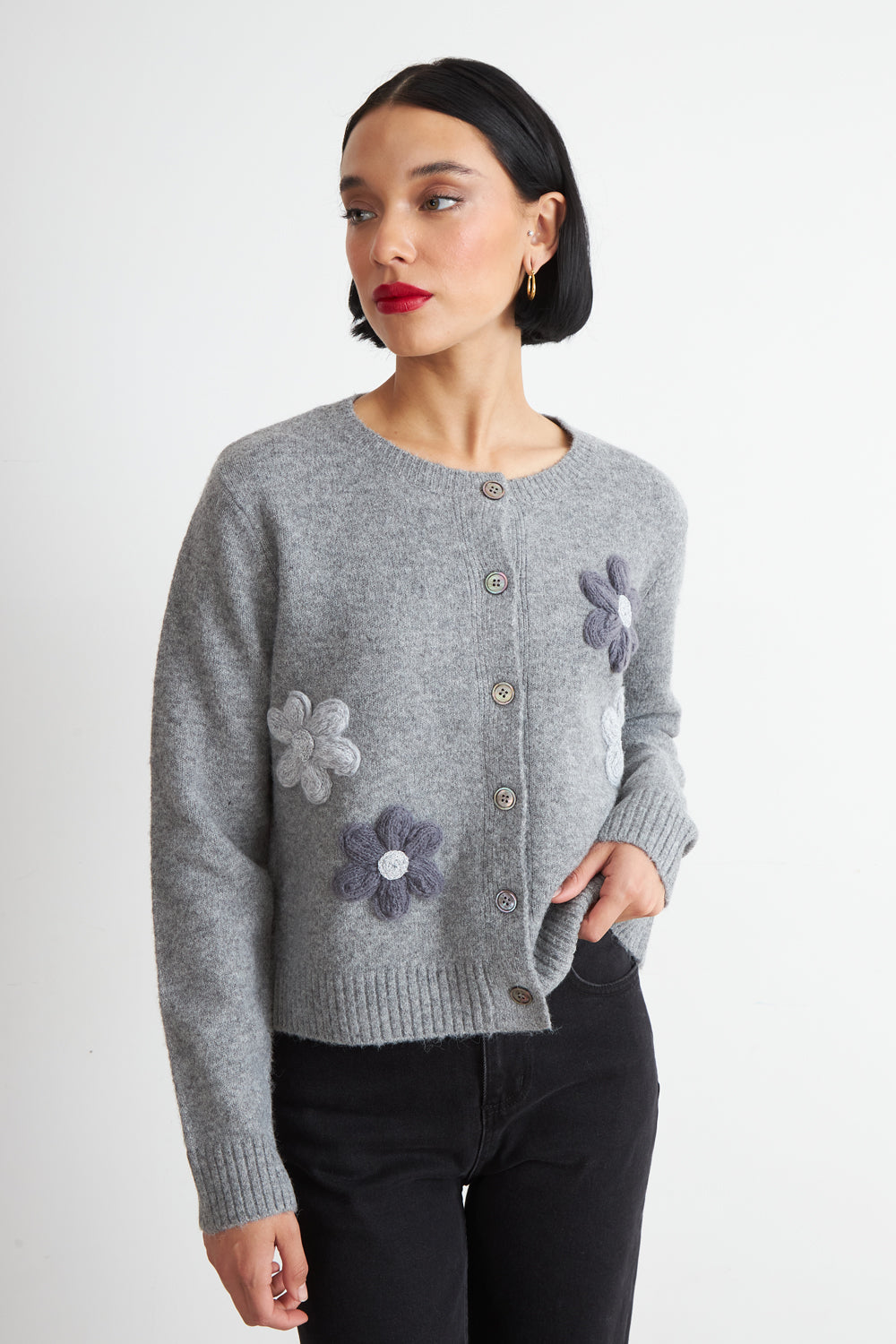 Cárdigan Flores Tejidas Gris