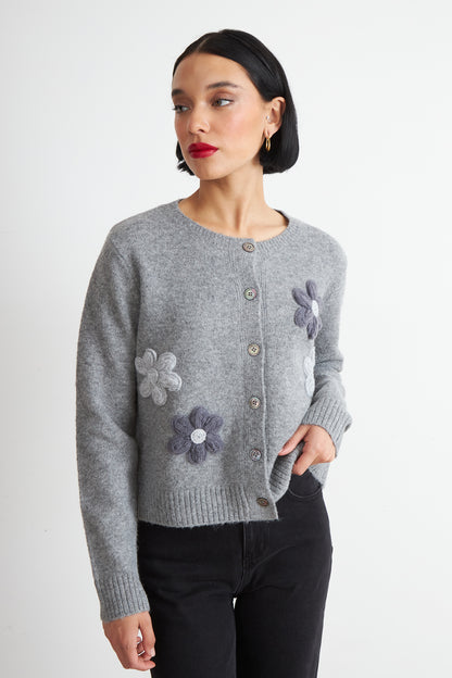 Cárdigan Flores Tejidas Gris