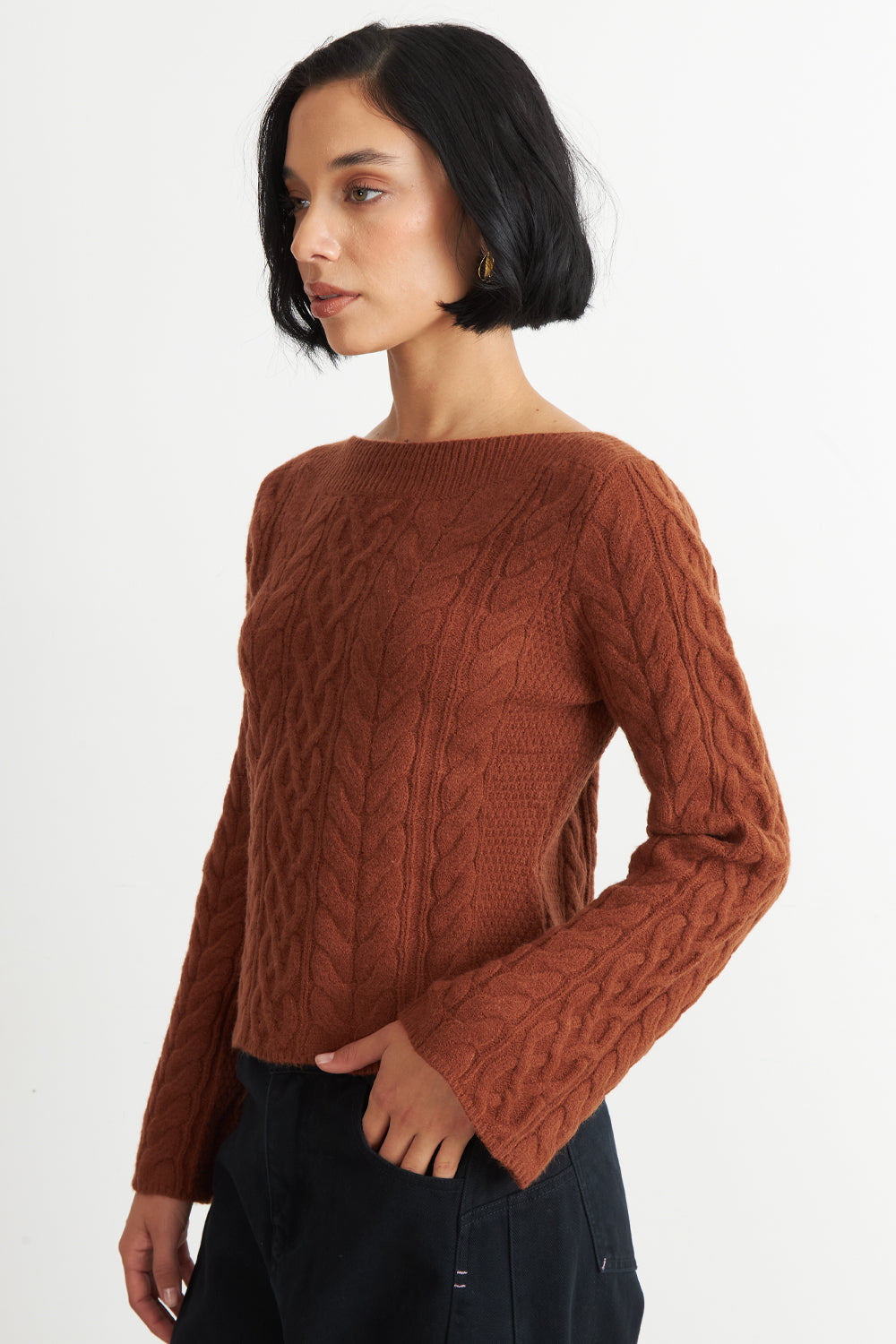 Sweater con Patrón Trenzado Mocca
