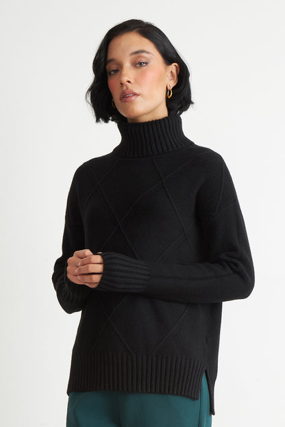Sweater Cuello Alto Rombos Negro
