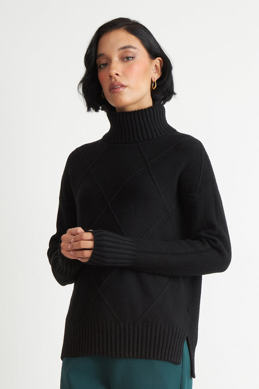 Sweater Cuello Alto Rombos Negro