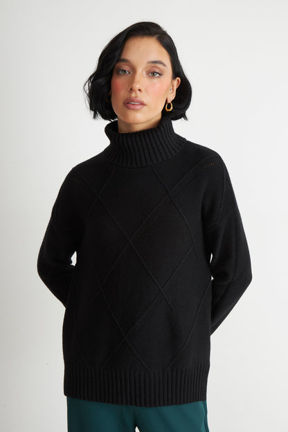 Sweater Cuello Alto Rombos Negro